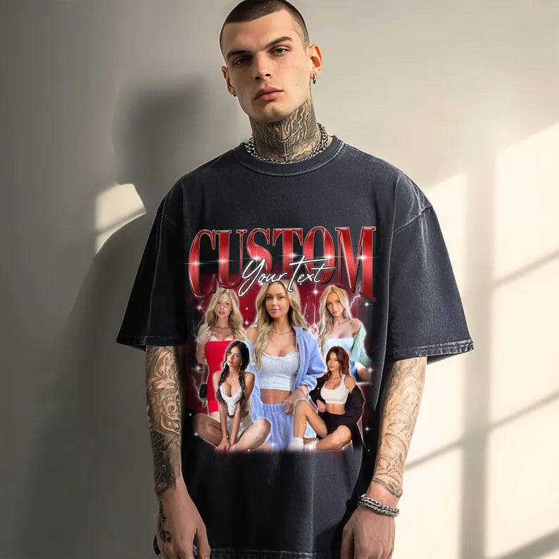 Custom Vintage Bootleg Rap Photo Tee, Personalized Unisex T-shirt Gift for Girlfriend & Boyfriend
