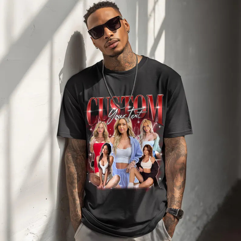Custom Vintage Bootleg Rap Photo Tee, Personalized Unisex T-shirt Gift for Girlfriend & Boyfriend